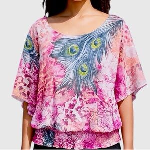 JM Collection- XL Pink Butterfly Sleeve Embellished Top- Elastic Waist